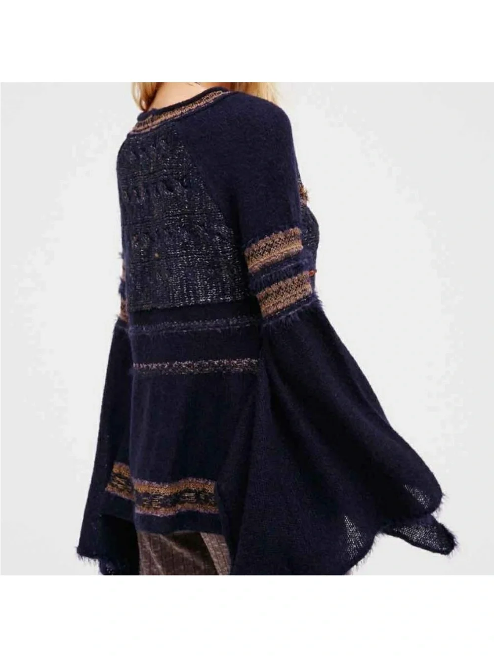 Free People Sweater Oversized Medium Blue Craft Time Bell Boho Chic Fairy Grunge